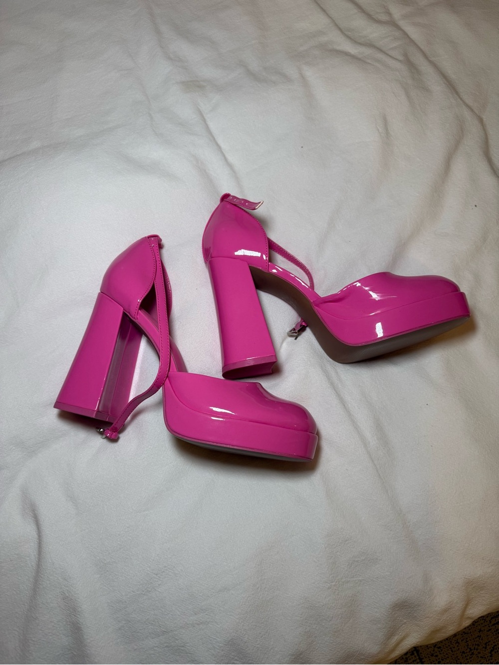 Hot Pink Patent Platform Block Heel Pumps